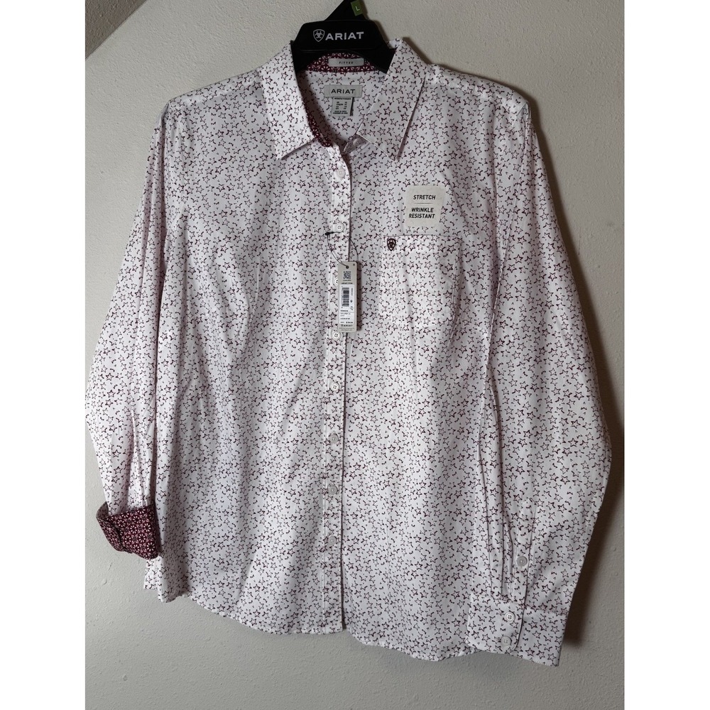 Ariat Western Shirt Womens XL White Red Star Print Stretch Wrinkle NW